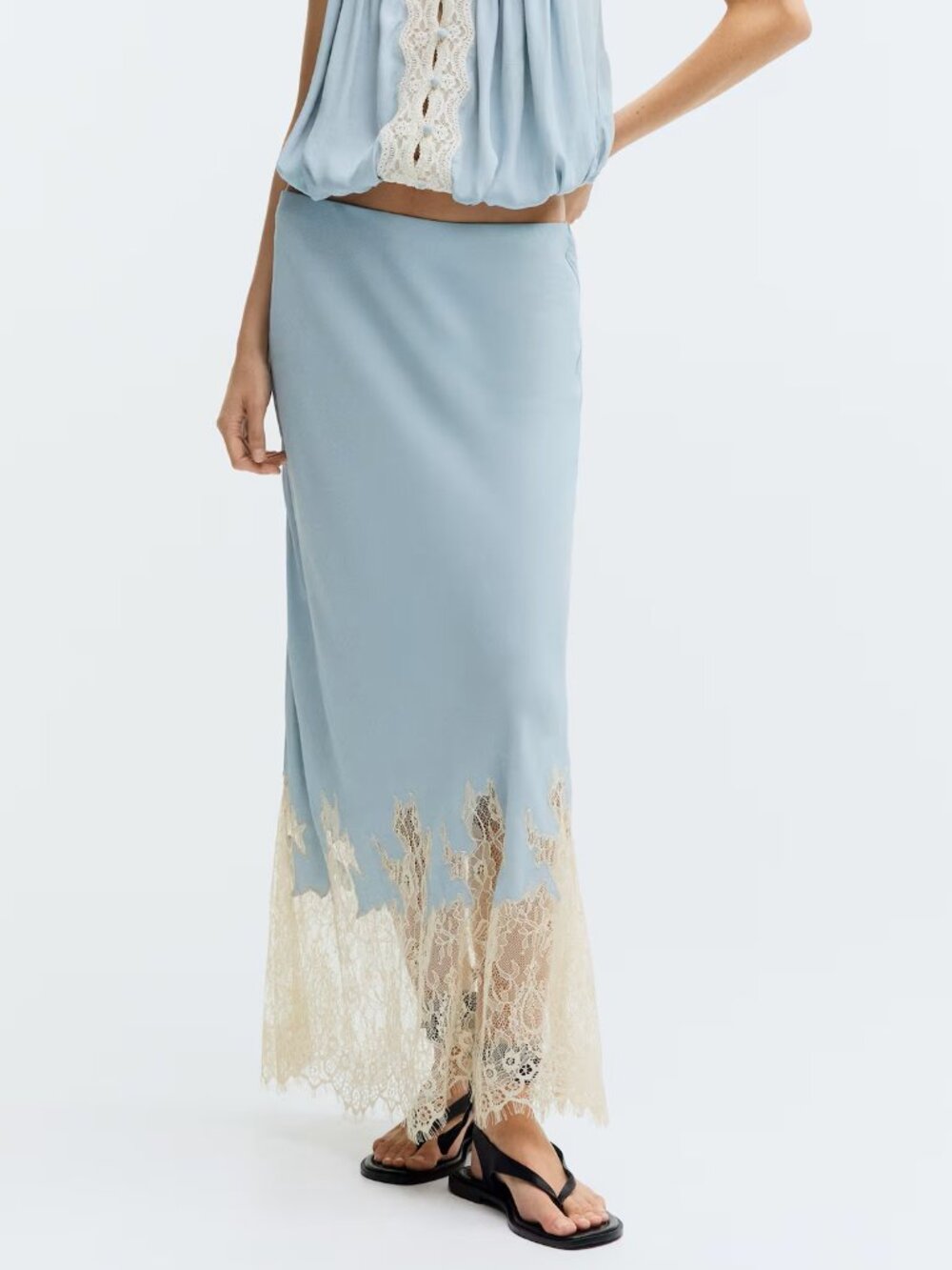 H&M Light Blue Maxi Skirt with Cream Lace Hem